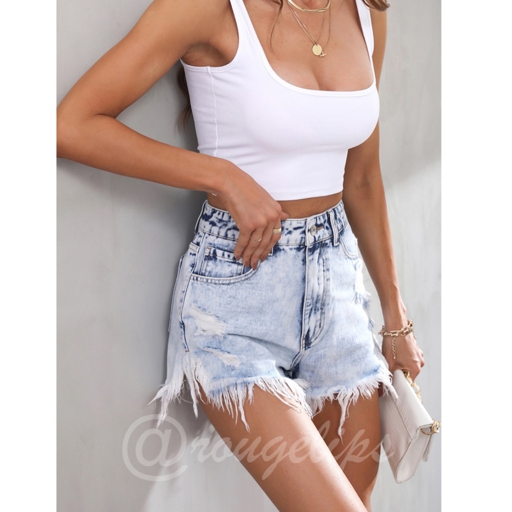Light Wash Blue Denim Shorts Distressed Ripped High Waist Raw Hem